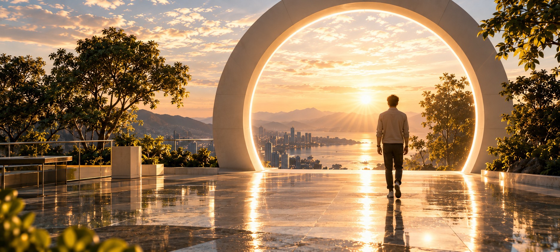 A person walking through a glowing arch towards the sunset over the city
